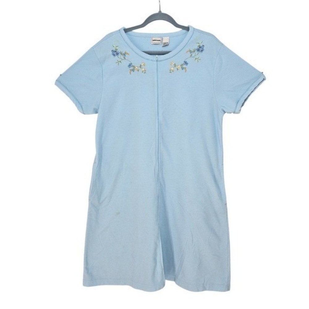 Bobbie Brooks Robe Woman Large 14-16 Baby Blue Waffle Knit Full Zip Embroidered